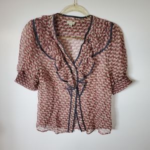 Anthropologie Odille 100% Silk Cottagecore Sheer Puff Sleeve Ruffle Collar Top